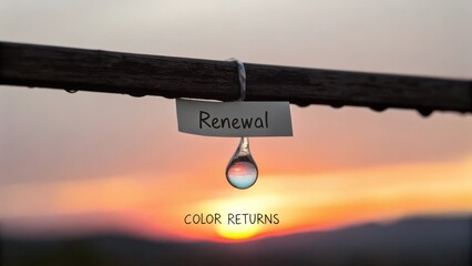 Renewal Sign with Raindrop and Sunset Background Symbolizing New Beginnings and Nature's Transformation