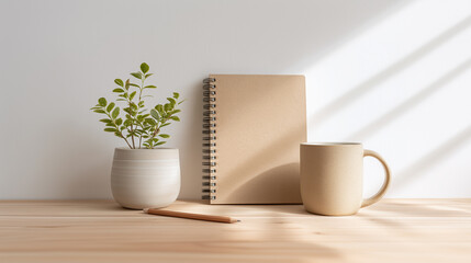 Minimalist Home Office Setup with Plant Notebook and Coffee Mug on Wooden Desk