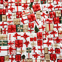 Festive holiday gifts red, gold, green, and white boxes with bows