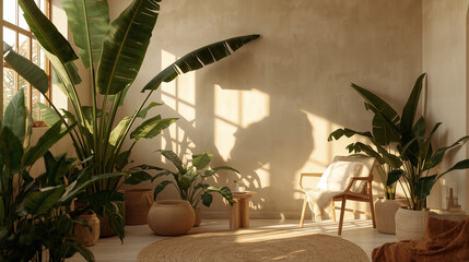 Elegant Bohemian Interior Styling with Exotic Strelitzia and Tropical Foliage, Sustainable Bamboo Seating in Warm Neutral Tones