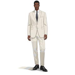 Elegant Black man in a light beige suit and tie, standing confidently. Full body vector illustration of a professional businessman in formal wear.