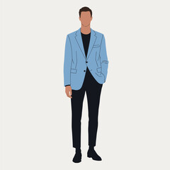 Modern man in blue blazer and black outfit. Minimalist vector illustration of business casual fashion.