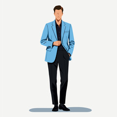 Stylish man in blue blazer, full body vector illustration. Fashionable male character in smart casual attire for modern design.