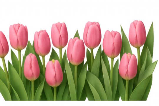 Pink tulip border with green leaves on transparent background for spring and nature themes