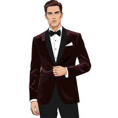 Sophisticated man in burgundy velvet tuxedo jacket and bow tie, formal evening wear fashion illustration