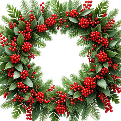 Festive wreath of red berries and green foliage, circular arrangement