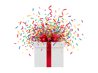 White gift box with red ribbon and colorful confetti explosion isolated on a transparent background