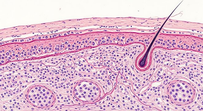 Human Skin Tissue Section Under Microscope Showing Epidermis Dermis and Hair Follicle Histology with H&E Staining
