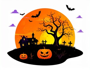 AI Generative Halloween scene with pumpkins, haunted house, bats, and a full moon.