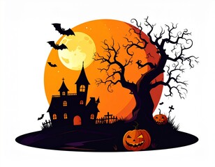AI Generative A spooky haunted house silhouette with a gnarled tree and jack-o'-lanterns against a large orange Halloween moon.
