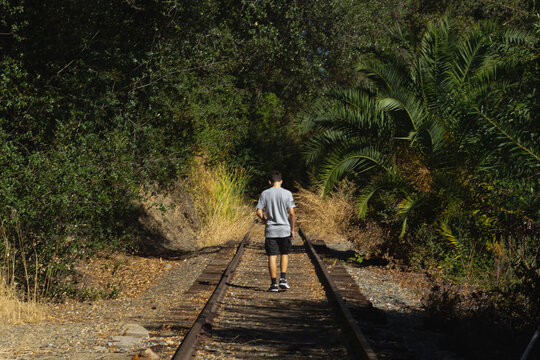 Man Walks Along Overgrown Railway Tracks Surrounded by Lush Greenery in a Serene Outdoor Setting