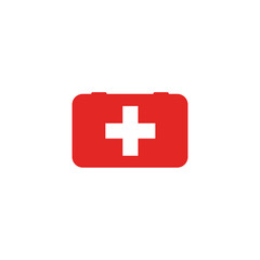 Obraz premium A minimalist red first aid kit icon featuring a prominent white cross, symbolizing emergency medical care and health.
