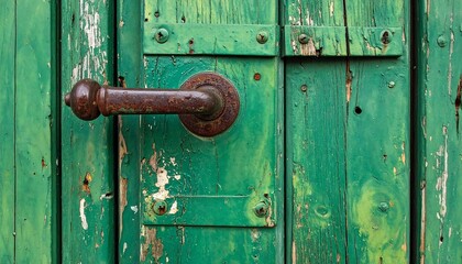 Obraz premium Aged, weathered green wooden door with rusty metal hardware