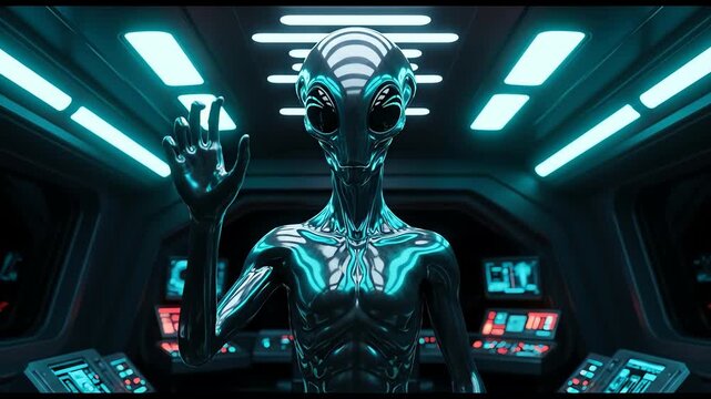 Pixelated Alien Standing Inside Spaceship Control Room Lit With Neon Blue Lights Featuring Intricate Details on Alien Skin and Hi Tech Console Displays