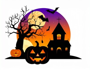 AI Generative Halloween scene with pumpkins, church, bats, tree and moon.
