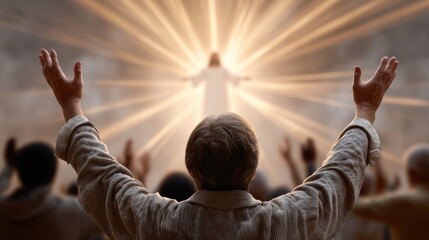 Worshipers with raised hands look toward a radiant spiritual figure enveloped in divine light and rays.