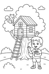 Cute and simple treehouse coloring page illustration