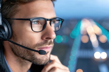 Close-up of young male air traffic controller wearing glasses and headset, overseeing aircraft approach on illuminated night runway.