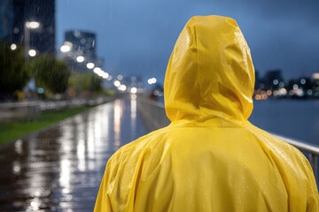 Close-up of person in bright yellow raincoat walking on a reflective city path during heavy rain at night.