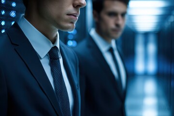 Two serious businessmen in dark suits standing in a blue-lit server room, close-up focusing on the foreground man.