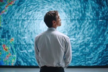 Analyst observing a large screen showing dynamic, swirling blue storm or weather radar visualizations.