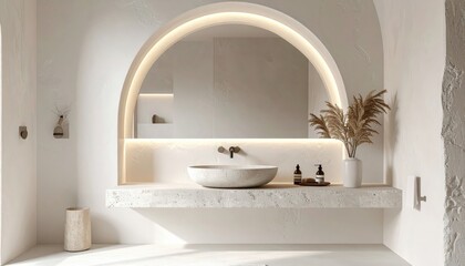 Modern bathroom interior showcases a minimalist design with a large arched mirror illuminated by soft lighting, complemented by a stone sink, decorative vase with dried flowers, and natural tones...