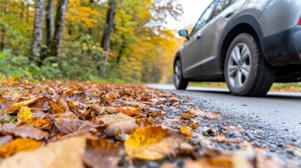 Low angle view of an SUV driving on an autumn road lined with colorful trees and covered in fallen leaves.