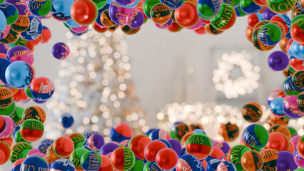 Colorful Christmas Baubles Frame with Text Space – Festive Holiday Background with Bokeh Lights