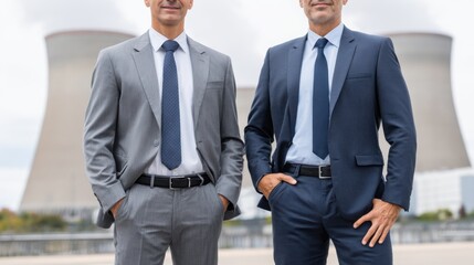 Two businessmen in suits stand outside a power plant, symbolizing corporate energy management.