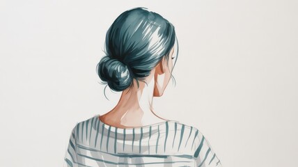 Woman's Back with Hair Bun and Striped Shirt back view