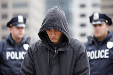 Young man in a dark hood looking down, flanked by two blurred police officers in an urban environment.