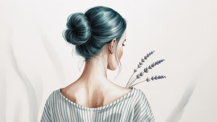 Woman with Teal Hair Bun and Lavender Sprigs back view