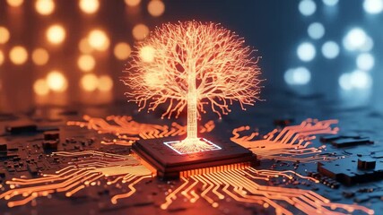 Glowing Orange Tree on Circuit Board Chip with Blue and Orange Bokeh Background Artificial Intelligence Concept