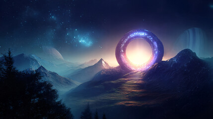 Futuristic alien landscape with stargate portal, holographic satellites and energy lines, misty mountains, surreal environment blending nature and technology, celestial portal