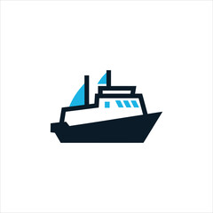 Obraz premium Illustration of a stylized ferry boat with a blue and black color scheme, isolated on a white background.