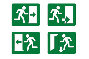 Emergency fire exit sign vector set. Green evacuation route symbol collection with running man icon. Safety pictogram for escape wayfinding, showing direction to the door.
