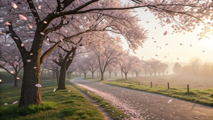 Fototapeta premium Serene Cherry Blossom Pathway at Dawn with Petals Falling in Soft Morning Light