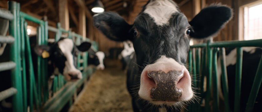 The cow closeup portrait in a rustic dairy barn with curious direct gaze