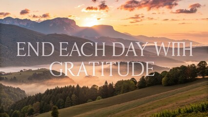 Serene Mountain Landscape at Sunset with Inspiring Message of Gratitude for Calm and Peaceful Moments