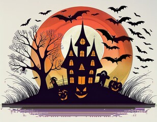 AI Generative A spooky haunted house silhouetted against a large, glowing orange moon with bats flying around it.