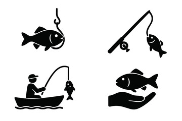 Fishing icon set vector illustration. Fisherman in boat with rod and reel. Fish on hook and in hand. Concept of angling, hobby, sport, and conservation. Catch and release.