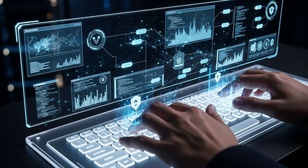 Futuristic Digital Interface with Hands Typing