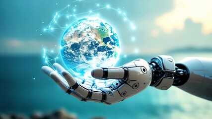 Cybernetic hand holds a glowing earth orb surrounded by holographic network lines and neon data streams, circuits on chrome metal, close-up technological composition, concept of global ai connectivity - Powered by Adobe