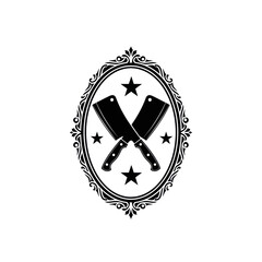 Two crossed butcher knives inside an ornate oval frame with stars.