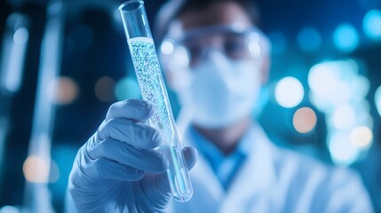 Scientist in Lab Coat Holding Test Tube with Blue Liquid Bubbles
