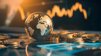 Global Inflation Growth Gold Coins World Map Glass Globe