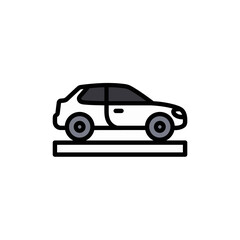 Simple illustration of a white car parked on a rectangular platform, isolated on white background.