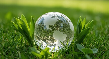 Crystal clear globe nestled in vibrant green grass with fresh sprouts symbolizing growth, renewal, and environmental stewardship for a healthier planet