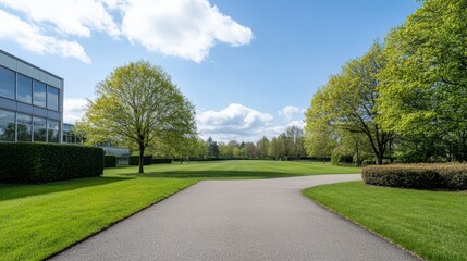 A factory with a focus on its landscaping, featuring manicured lawns and trees. Product photography with high resolution, advertising style