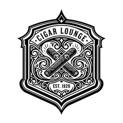 Vintage Cigar Lounge Emblem with Crossed Cigars and Ornate Details.